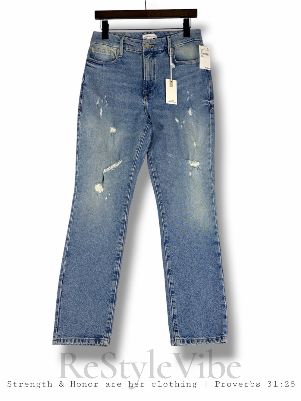 GOOD AMERICAN Women’s Size 4/27 Denim Jeans NWT High Rise Straight Leg Distress